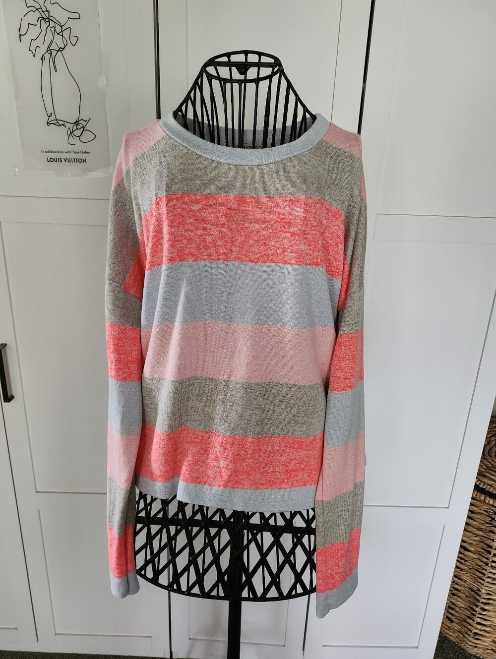 Chance or Fate Coral , Gray & Light Blue Striped Crewneck Sz M